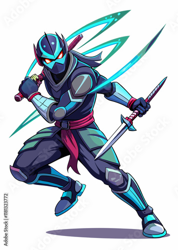 Futuristic cyborg ninja with energy swords engaging in high-speed battle. Advanced cybernetic warrior executing precise slashes in an action-packed sci-fi fight scene.