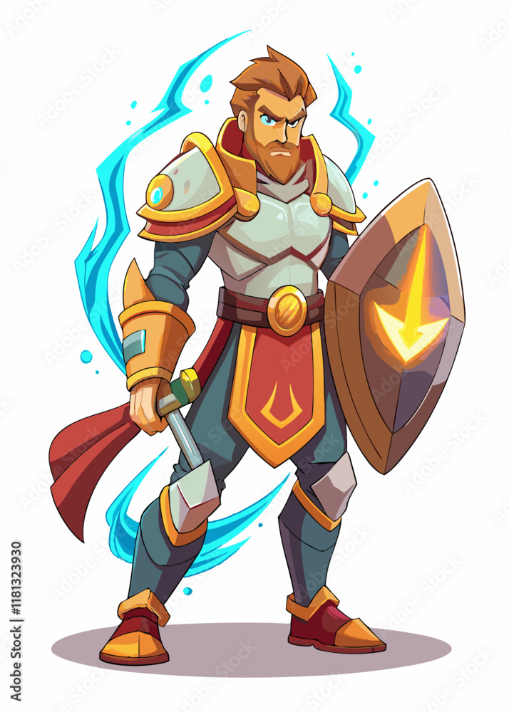 Knight with glowing shield defending allies from danger. Brave warrior in shining armor protecting team with magical energy barrier.
Knight with glowing shield defending allies from danger. Brave warrior in shining armor protecting team with magical energy barrier.