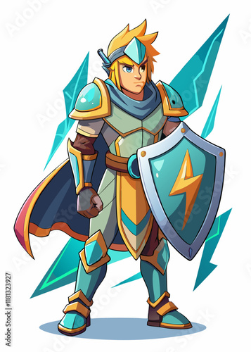 Knight with glowing shield defending allies from danger. Brave warrior in shining armor protecting team with magical energy barrier.

