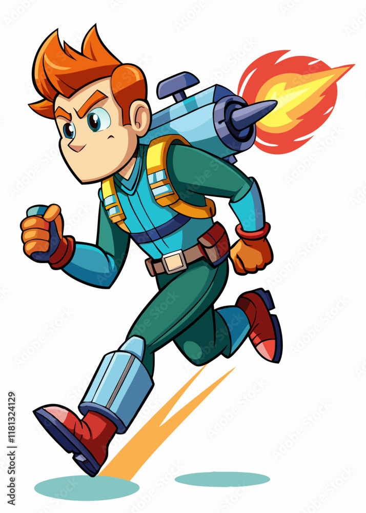 Obraz premium Space pirate warrior with jetpack and dual energy blasters. Sci-fi bounty hunter character in action, futuristic armored mercenary, isolated vector illustration.