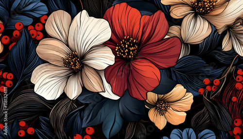 Floral seamless pattern with colorful abstract flowers, berries, and leaves on a clean background  -