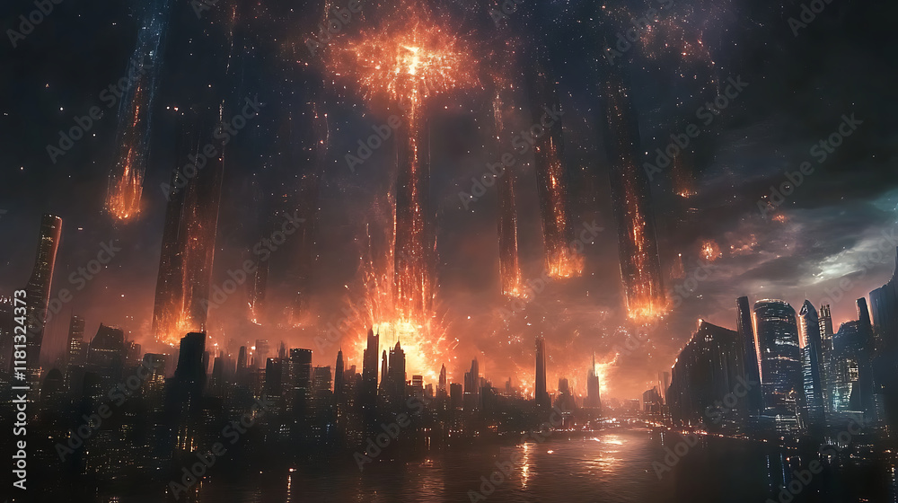 A dramatic scene of a futuristic city under attack by fiery meteors. A dramatic scene of a futuristic city under attack by fiery meteors.