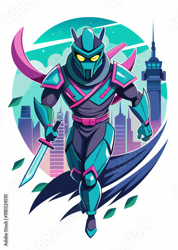 Robot ninja warrior stealthily moving through a futuristic cyber city with glowing neon lights. Sci-fi cybernetic assassin armed with a katana blade in an action pose.

