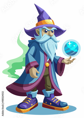 Powerful wizard holding a glowing orb, summoning elemental forces in a magical aura. Fantasy sorcerer character with mystical energy, isolated vector illustration.


