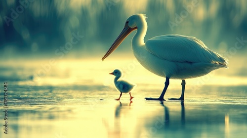 A serene scene of a pelican and its chick walking on a reflective surface.