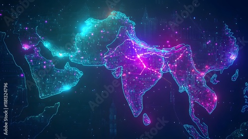 Asia digital map network glowing connections data background