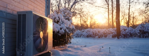 A heat pump on the side of an electric house in winter, with snow-covered ground and trees under sunset lighting