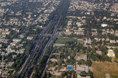 Aerial view of beautiful urban cityscape with modern buildings and greenery, Lahore, Pakistan. photo