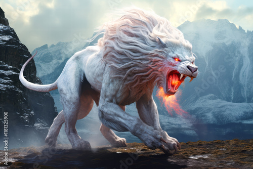 Screaming white chimera in a mountainous landscape, AI generated