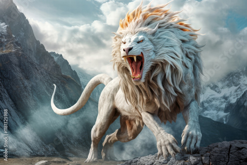 Screaming white chimera in a mountainous landscape, AI generated