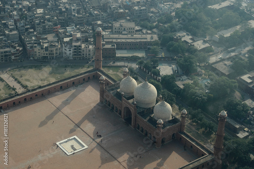 Aerial view of historic mosque and cityscape with beautiful skyline and iconic minarets, Lahore, Pakistan. photo