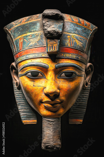 Imaginary Egyptian funeral mask in front of a black background, AI generated photo