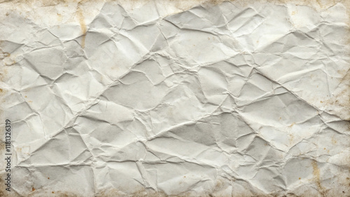 Design a textured background featuring a white paper surface that has been crumpled and glued in places. The wrinkles should be prominent, with slight discoloration around the glued areas to highlight