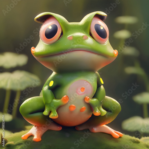 3D frogs with glowing, gradient patterns on their skin on a plain mossy green background, ultra-detailed. photo