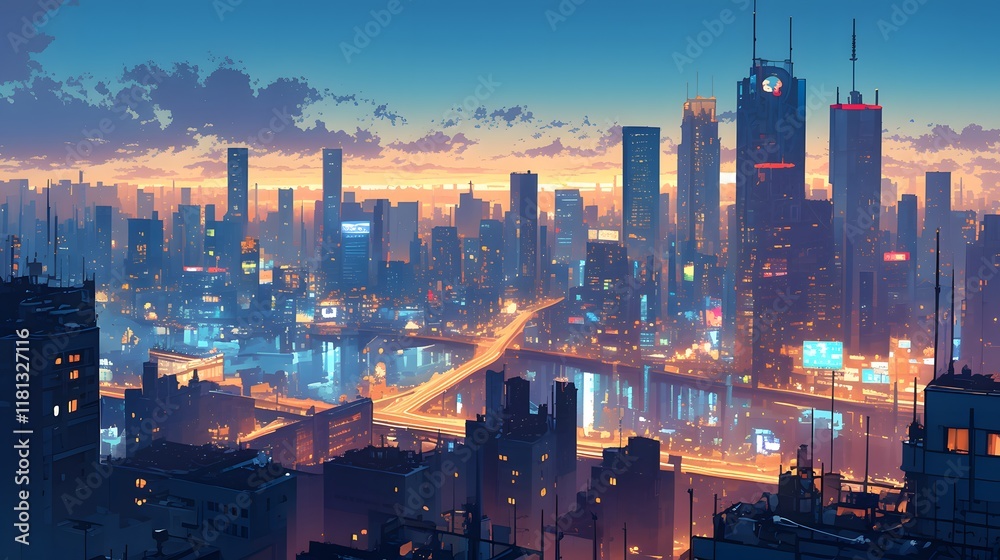 Obraz premium Panoramic city view with illuminated skyscrapers at night, representing the vibrancy of urban life