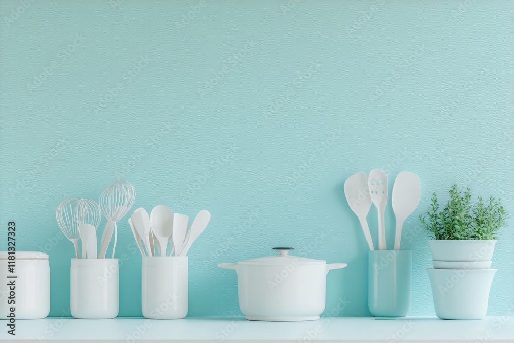 3d modern kitchen with plastic utensils and tools 3d modern kitchen with plastic utensils and tools