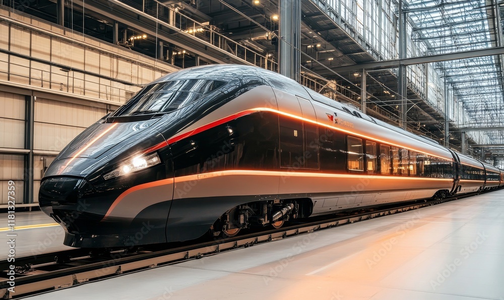 Fototapeta premium Moving high-speed train. Transport, travelling, logistics, and tourism concept, Generative AI