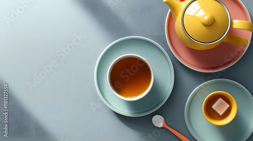 Top View of Cup of Tea with Teapot and Sugar Bowl on Grey Background. photo