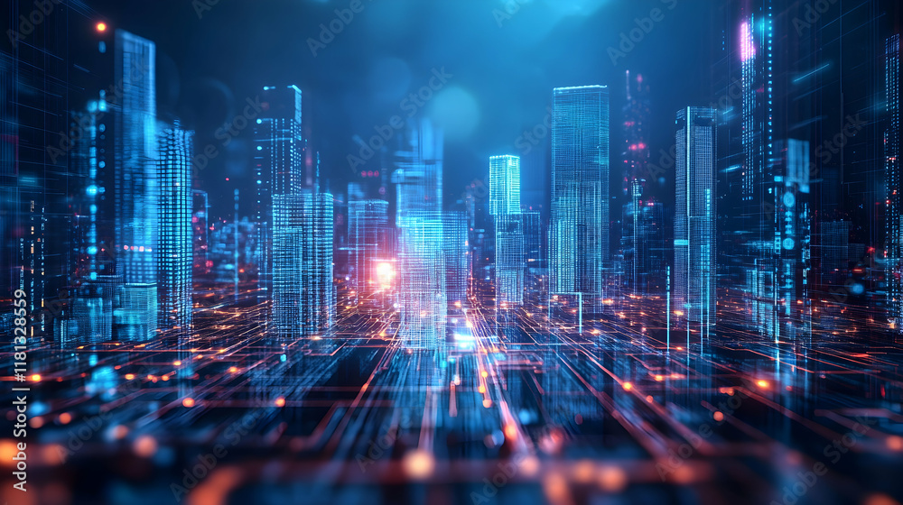 custom made wallpaper toronto digitalFuturistic cityscape glowing with neon lights and digital effects, representing advanced technology and urban development -