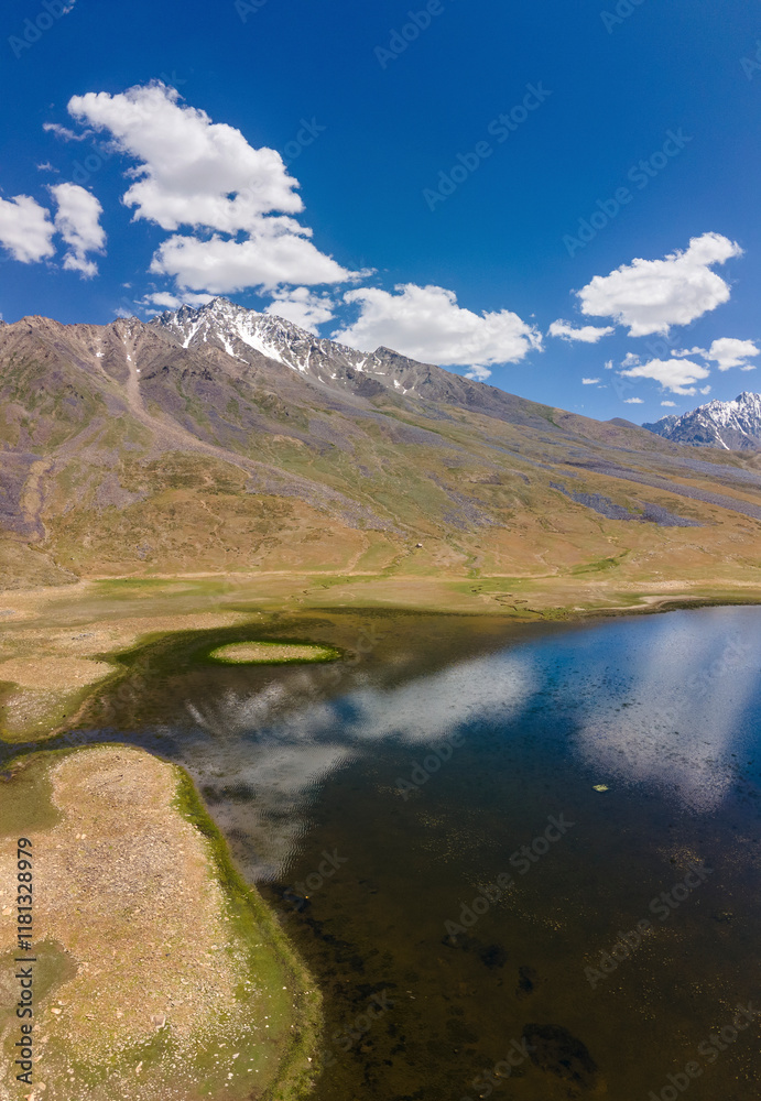 Aerial view of serene and picturesque mountain lake with majestic peaks and tranquil sky, Shandur, Gilgit Baltistan, Pakistan. Aerial view of serene and picturesque mountain lake with majestic peaks and tranquil sky, Shandur, Gilgit Baltistan, Pakistan.