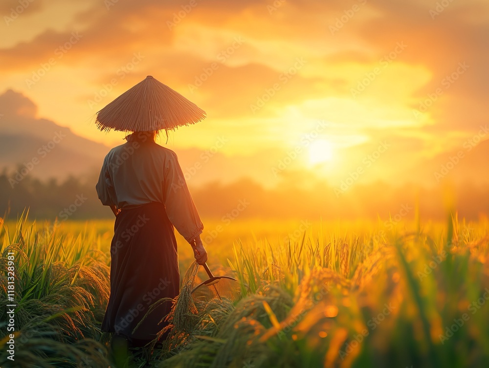 Fototapeta premium Graceful Woman Enjoying Serenity in Lush Green Grass Field Under a Bright Blue Sky on a Sunny Day