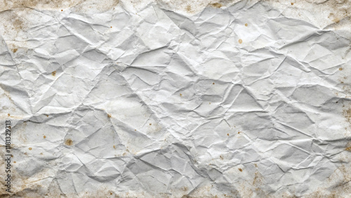 Design a textured background featuring a white paper surface that has been crumpled and glued in places. The wrinkles should be prominent, with slight discoloration around the glued areas to highlight