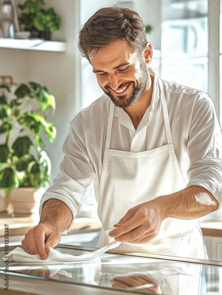 A man is smiling while cleaning a countertop. He is wearing a white apron and he is in a kitchen A man is smiling while cleaning a countertop. He is wearing a white apron and he is in a kitchen