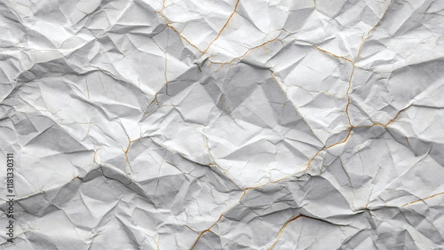Design a textured background featuring a white paper surface that has been crumpled and glued in places. The wrinkles should be prominent, with slight discoloration around the glued areas to highlight