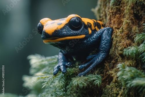 Brightly colored frog perched on moss-covered tree in tropical rainforest photo