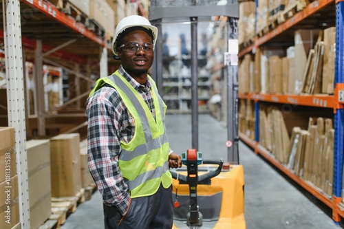african american Storehouse manager supervising the lift truck operator