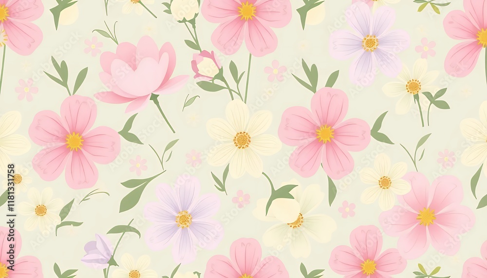 Fototapeta premium Pastel Pink, Yellow, and Purple Flower Seamless Pattern