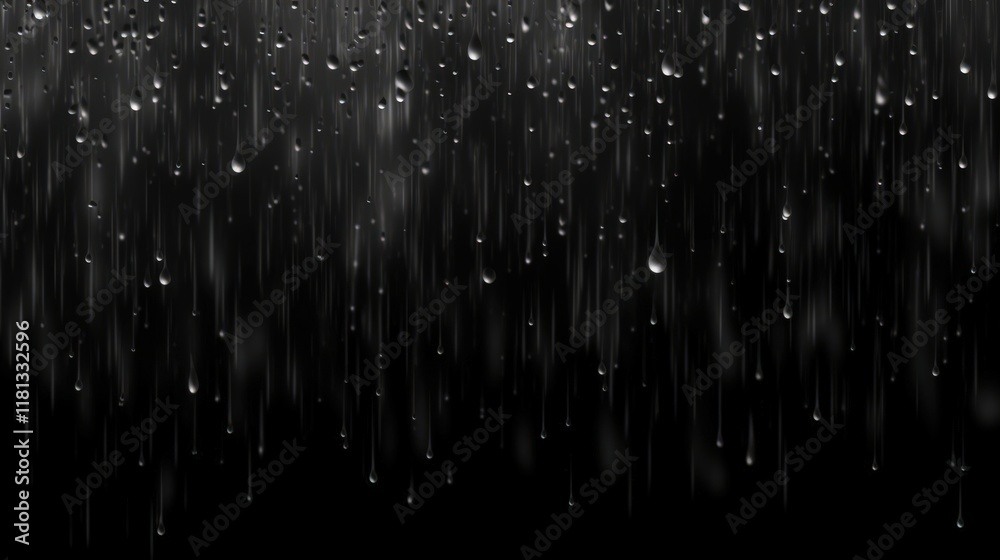 Falling Raindrops Isolated on Black Background, Create a Dramatic and Serene Atmosphere with Water Droplets for Various Creative Applications Falling Raindrops Isolated on Black Background, Create a Dramatic and Serene Atmosphere with Water Droplets for Various Creative Applications