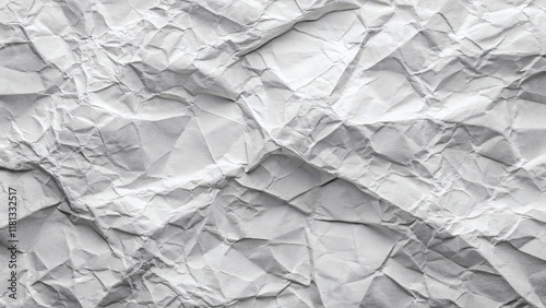 Design a textured background featuring a white paper surface that has been crumpled and glued in places. The wrinkles should be prominent, with slight discoloration around the glued areas to highlight