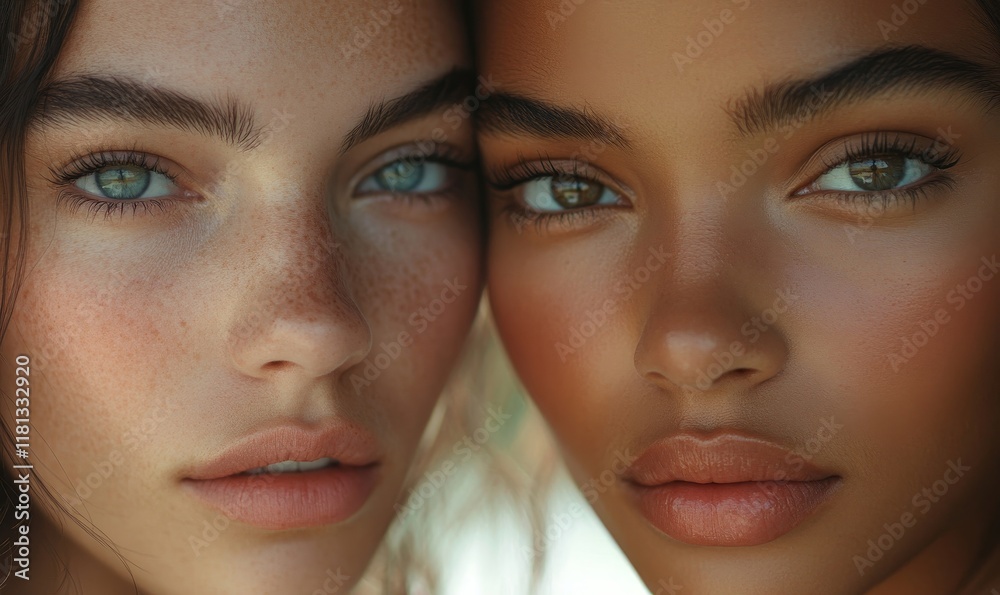 Portrait of attractive models posing. Make-up, smooth skin. Natural light. Fashion concept, Generative AI Portrait of attractive models posing. Make-up, smooth skin. Natural light. Fashion concept, Generative AI