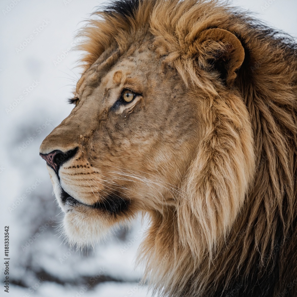 A beautiful lion, its eyes fierce and intelligent, captured on a stark white background. A beautiful lion, its eyes fierce and intelligent, captured on a stark white background.