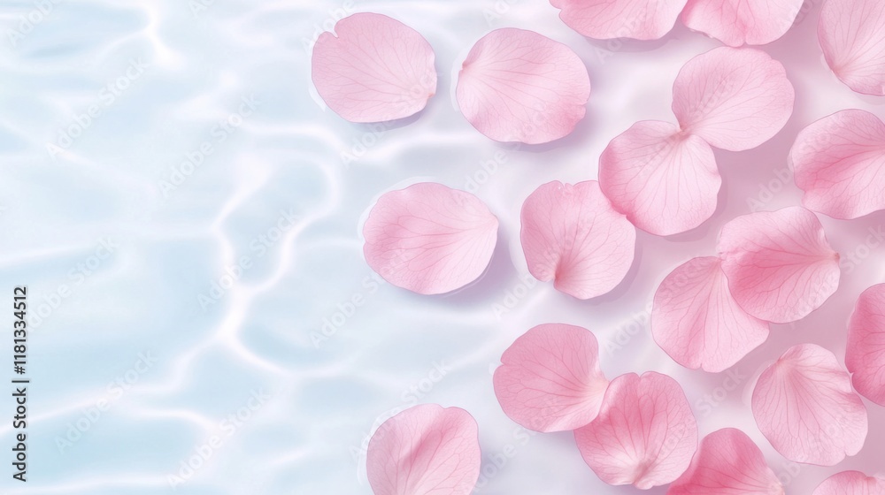 Fototapeta premium pink cherry blossom petals drifting on a mirror-like water surface, subtle reflections creating a dreamy effect
