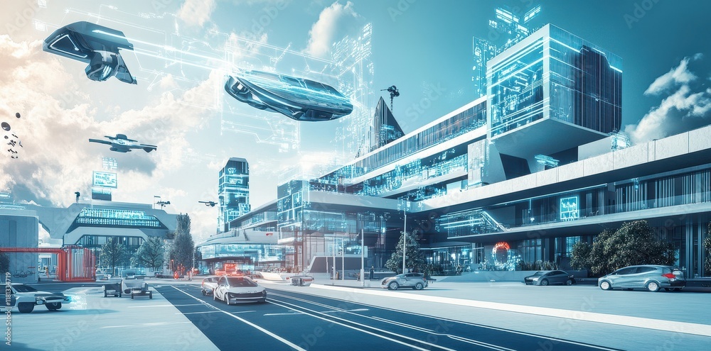 Fototapeta premium Futuristic Cityscape with Flying Vehicles and Advanced Technology