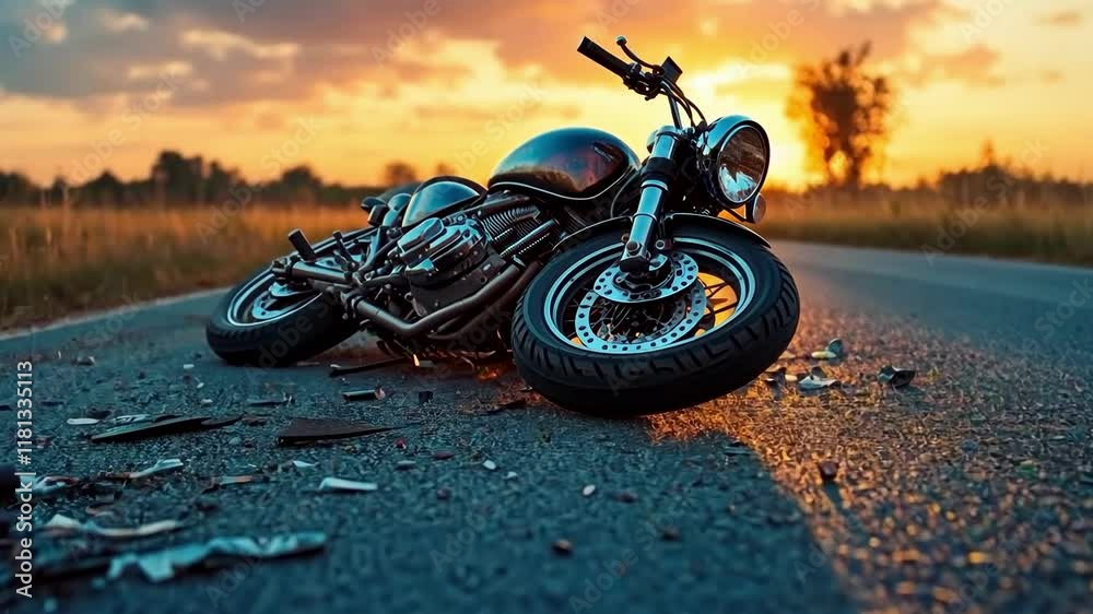 Motorcycle accident during sunset on a rural road causing damage and debris scattered