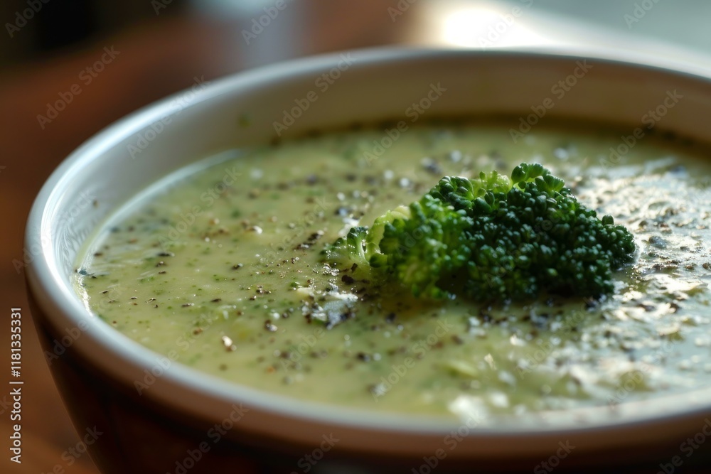 Close up of a creamy broccoli soup, garnished with fresh broccoli florets and freshly ground black pepper, served in a bowl Close up of a creamy broccoli soup, garnished with fresh broccoli florets and freshly ground black pepper, served in a bowl
