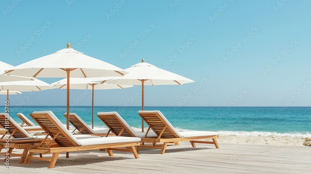 Obraz premium Stylish Beach Umbrella and Lounge Chair Set, Beach accessories summer concept.