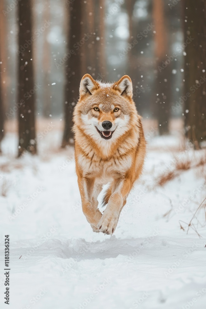 A wolf joyfully running through a snowy forest, capturing the essence of winter wildlife. A wolf joyfully running through a snowy forest, capturing the essence of winter wildlife.