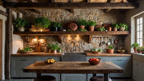 a cozy rustic kitchen with exposed eropa stlye photo