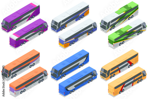 Double-decker buses in multiple colors. Isometric vector illustration of colorful double-decker buses. Designed for transport concepts, tourism, and modern public transit systems.