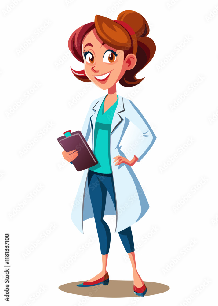 Professional female doctor wearing lab coat, holding clipboard. Isolated healthcare character, medical professional for hospital, clinic, or telemedicine concepts. Professional female doctor wearing lab coat, holding clipboard. Isolated healthcare character, medical professional for hospital, clinic, or telemedicine concepts.