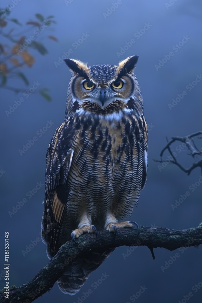Obraz premium A majestic owl perched on a branch in a misty forest setting.