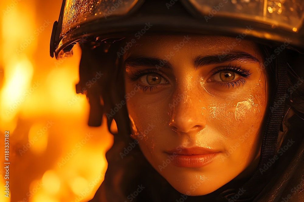 Woman Firefighter Brave Face Closeup Intense Woman Firefighter Brave Face Closeup Intense