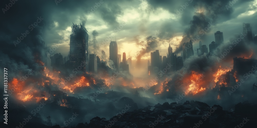 Apocalyptic cityscape burning in fiery chaos under dark clouds Apocalyptic cityscape burning in fiery chaos under dark clouds