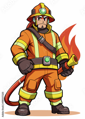 Professional firefighter in safety uniform with a fire hose, prepared for emergency response. Isolated vector character.
