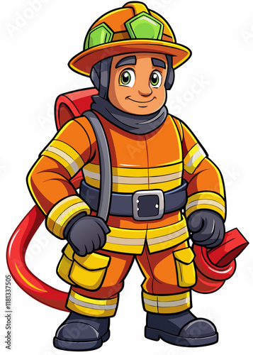 Adorable kawaii firefighter character in full protective gear with a hose, charming vector illustration of a cute fireman.