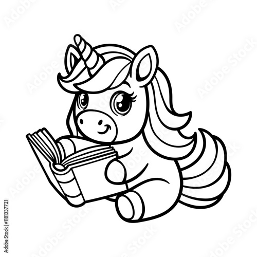 fun unicorn reading a book cartoon character isolated drawing line art style sketch classic vintage design illustration